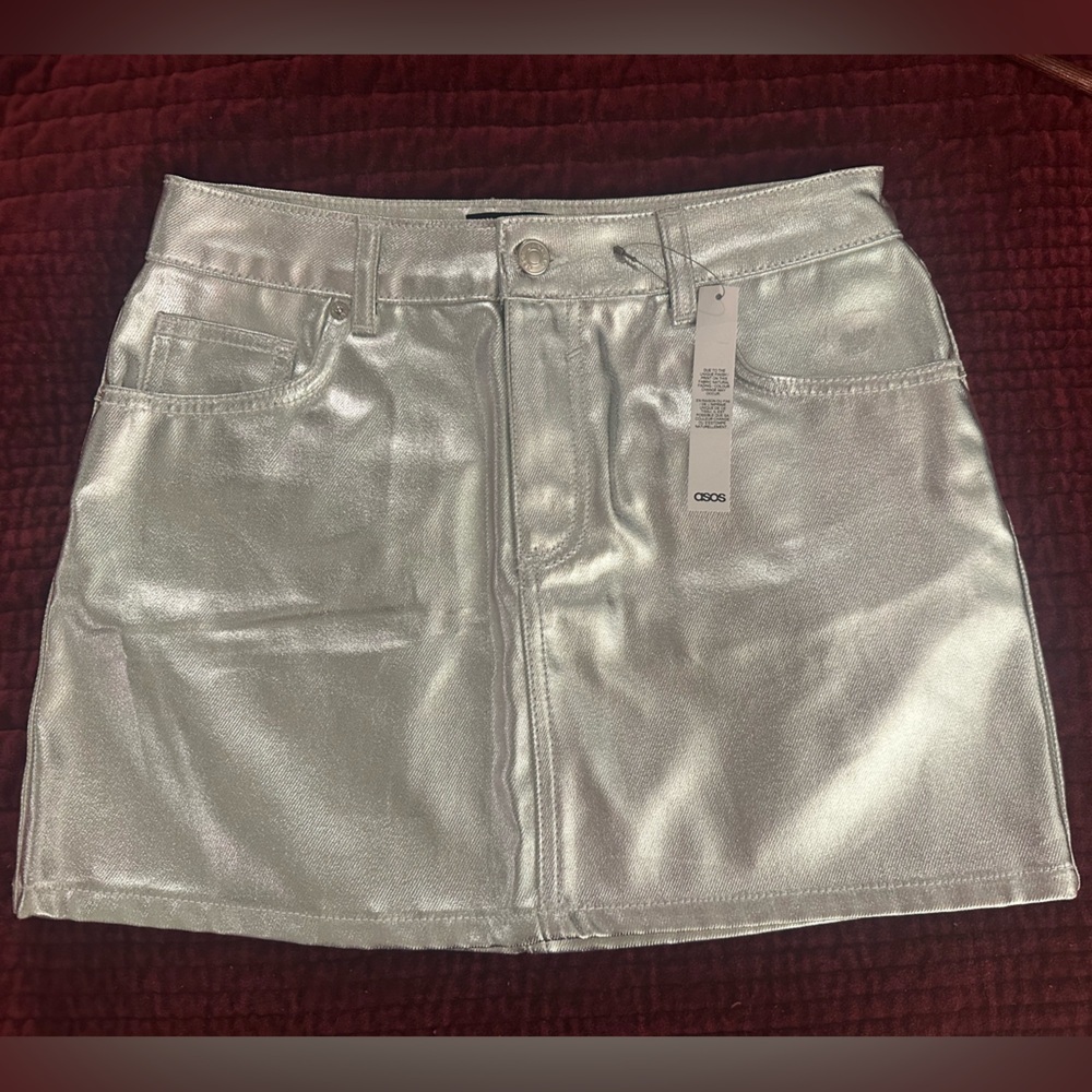 NWT silver metallic denim mini skirt asos